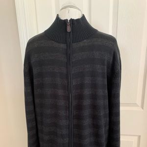Reunion Men’s long sleeve Grey and Black striped, full zipper sweater. Size L